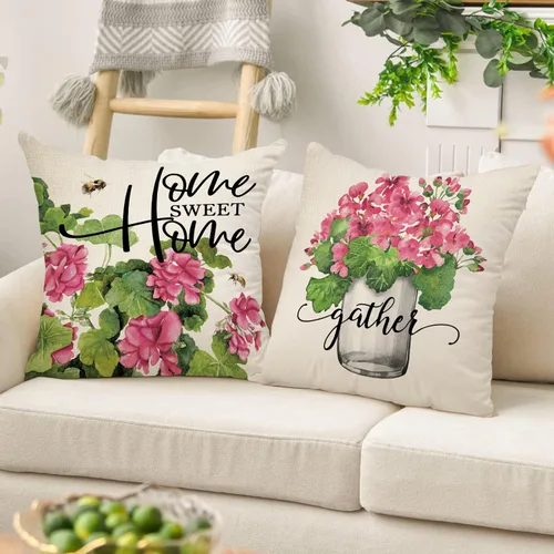 Miniatura 5 de Juego de 4 fundas de almohada decorativas de flores de geranio rosa de 16 x 16 pulgadas, decoración de fundas de cojín de tarro de masón floral