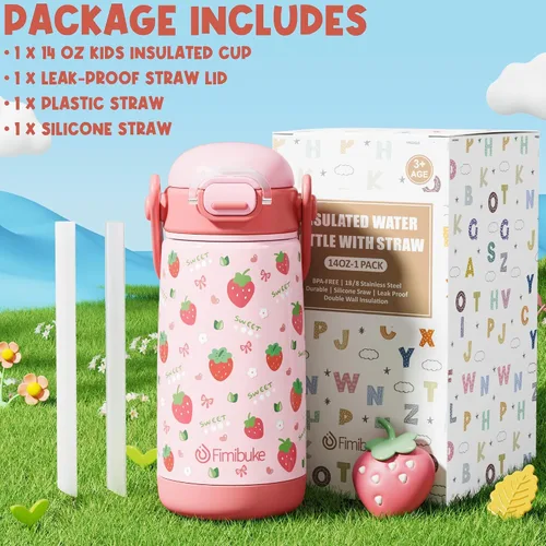Miniatura 9 de Fimibuke Botella de agua aislada para niños con tapa con pajita y asa - 14 onzas, sin BPA, acero inoxidable 18/8, recipiente de metal, a prueba