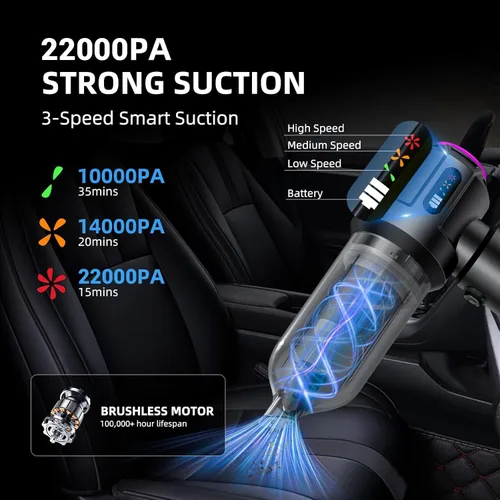 Miniatura 2 de Aspiradora inalámbrica – 22000 PA aspiradora de mano para automóvil, mini plumero portátil 4 en 1 recargable, 3 velocidades pequeños y potentes