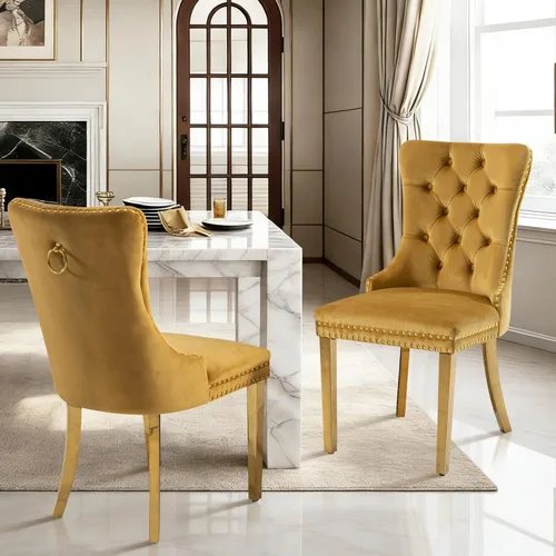 Miniatura 133 de Juego de 2 sillas de comedor de terciopelo tapizadas con ribete de cabeza de clavo y patas doradas chapadas en acero inoxidable para cocina