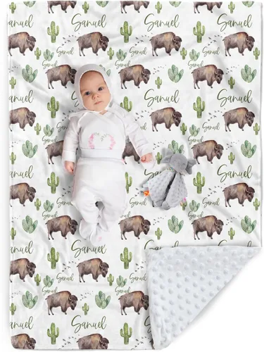 Manta de bebé personalizada, nombre personalizado con diseño de animales del bosque, manta de felpa suave con respaldo punteado de doble capa para