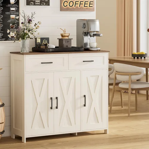 Miniatura 12 de Homhedy Aparador de buffet, gabinete de almacenamiento de barra de café con cajones y puertas, armario de cocina de granja con estantes ajustables