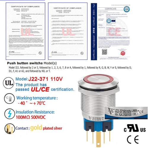 Miniatura 3 de 2 interruptores de botón de cierre de 0.866 in, 7/8 pulgadas, 110 V-120 V, SPDT, interruptor de encendido y apagado, impermeable, IP67, acero Azul