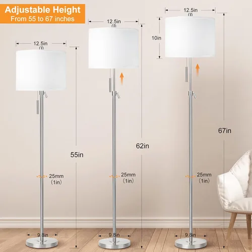 Miniatura 3 de Lámpara de pie de níquel cepillado para sala de estar, lámpara de pie ajustable con base de metal, lámpara de poste alto regulable de 3 vías