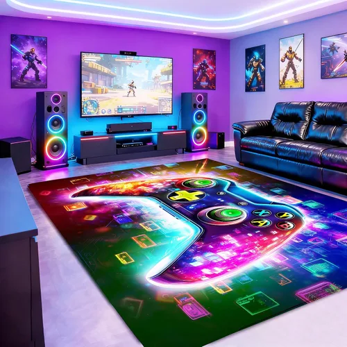 Miniatura 20 de Alfombra de área de juegos neón de 3 x 5 pies para habitación de niños, alfombra colorida de control de juegos para decoración de habitación