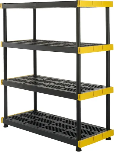 Estantería de almacenamiento original de 4 niveles p/interiores y exteriores, unidad de almacenamiento resistente, color negro y amarillo (55 pulg