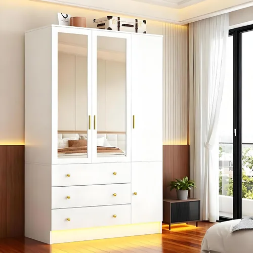 Miniatura 8 de Armario de 75 pulgadas de alto con 3 puertas y 3 cajones, armario moderno con espejo y luces LED, armario de madera para dormitorio, barra