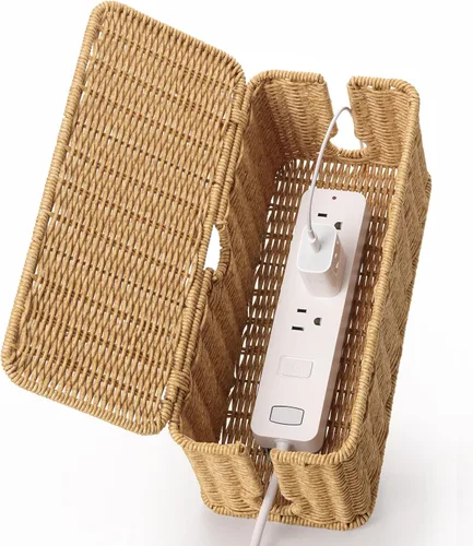 Caja de Gestión de Cables Hecha a Mano Marrón, Organizador de Cables de Ratán de Imitación Caja Ocultadora de Cables, Caja Organizadora de Cables