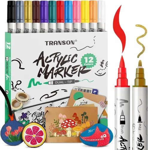 TRANSON Juego de rotuladores de pintura acrílica de doble punta fina y brocha de 12 colores para lienzo, roca, madera, cuero, cerámica, pintura DIY