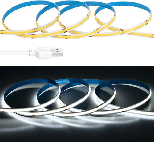 Miniatura 2 de Tira de luz LED USB de 6.56 pies, 5 voltios alimentada por USB, luces LED COB de 6000 K, luz diurna blanca de 0.315 in, tiras flexibles de alta Luz