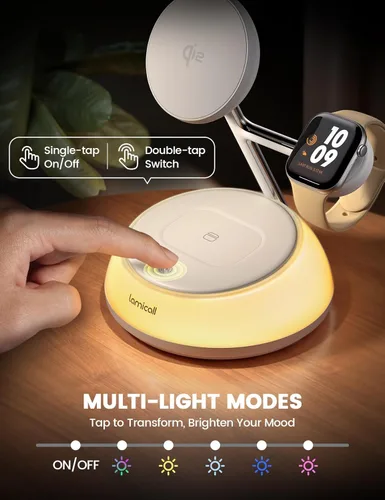 Miniatura 9 de Lamicall Estación de carga inalámbrica 4 en 1 con certificación Qi2 para Magsafe, [luz nocturna LED] Soporte de cargador magnético rápido de 15 W