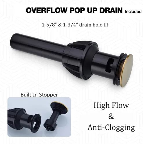 Miniatura 5 de Grifo de baño central de 4 pulgadas con montaje de drenaje desplegable de desbordamiento, negro mate, níquel cepillado y oro cepillado
