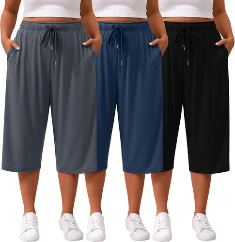 Miniatura 17 de Paquete de 3 pantalones capri de talla grande para mujer, ajuste holgado, pierna ancha, pantalones recortados para yoga, descanso, entrenamiento