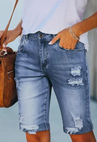 Miniatura 2 de HUUSA Pantalones cortos de mezclilla rasgados de cintura alta para mujer, dobladillo deshilachado, medio muslo, pantalones cortos de mezclilla