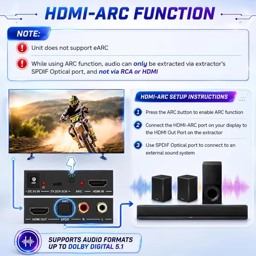 Miniatura 6 de J-Tech - Convertidor de extractor de audio HDMI digital 4K 60Hz con óptica SPDIF, 3 modos de audio EDID, paso HDCP y soporte de sistema AV heredado