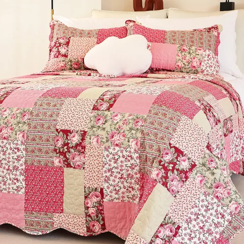 Miniatura 21 de Cmfshape - Juego de edredón de verano floral King acolchado, juego de edredón rosa romántico King, juego de ropa de cama reversible cosido para Rosa