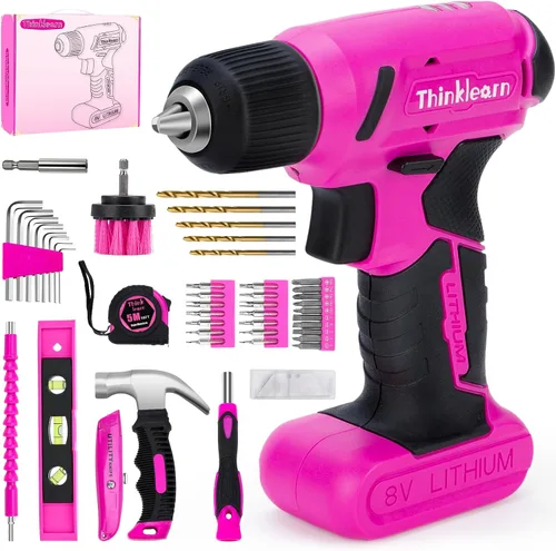 Juego de taladro inalámbrico rosa de 8V, kit de herramientas de taladro Pink Power de 64 piezas para mujeres, juego de destornillador eléctrico con