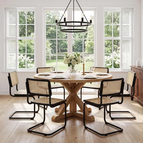 Miniatura 7 de Flouki Juego de 4 sillas de comedor de ratán, sillas decorativas bohemias para cocina con malla de caña natural, diseño voladizo de mediados