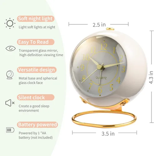 Miniatura 6 de Tetino Relojes despertadores analógicos, retroiluminación retro, bonito diseño simple, pequeño reloj de escritorio con luz nocturna, silencioso sin