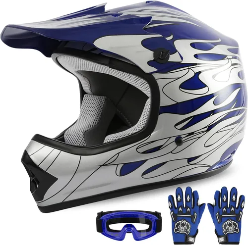 XFMT - Juego de casco con gafas y guantes para motocross, cuatrimoto y vehículos todoterreno para niños y jóvenes, casco Mx, llama azul, talla L