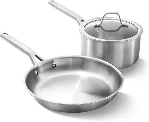 Calphalon Juego de utensilios de cocina de acero inoxidable cepillado de 3 capas con Turbo Heat Tech 3 piezas, incluye juego de sartenes para freír