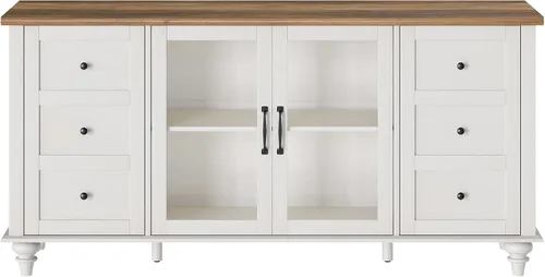 Miniatura 9 de WAMPAT Aparadores Buffet con Puerta de Vidrio, Gabinetes de Almacenamiento de Cocina, Mesas de Bar de Café de Madera, Mesa de Gabinete de Blanco
