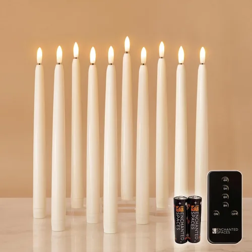Juego de 10 velas LED sin llama con temporizador diario, color marfil, de 10 pulgadas con mecha negra realista, control remoto con temporizador