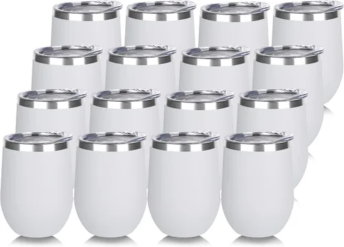 DOMICARE - Juego de 16 vasos de vino de 12 onzas con tapa, hechos de acero inoxidable con aislamiento al vacío de doble pared, color blanco