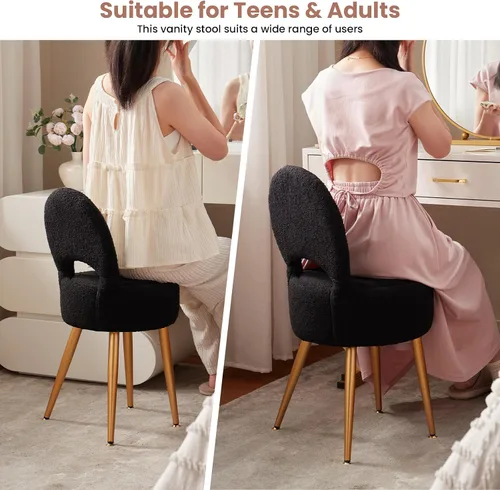 Miniatura 6 de Taburete silla de tocador pequeño con almacenamiento y respaldo plegable, 4 patas de metal con pies antideslizantes, otomana redonda con asiento