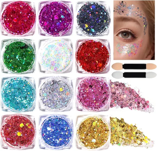 Miniatura 9 de Teenitor Gel de Purpurina para Cara y Cuerpo, Gel de Purpurina para Maquillaje y Festival, 12 Colores de Gel de Purpurina para Cara y Cuerpo, Gel