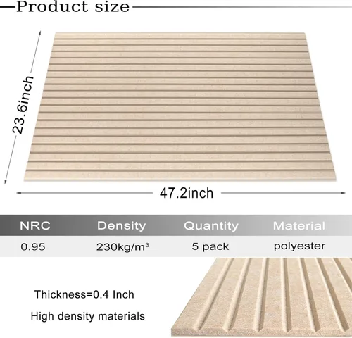 Miniatura 2 de Paquete de 5 paneles acústicos grandes, paneles de espuma insonorizante de 48"X24"X0.4" para paredes, paneles de amortiguación de sonido, paneles