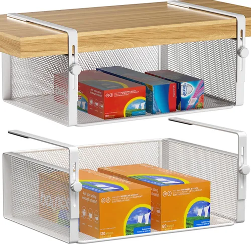 Miniatura 7 de AmonHouseware Paquete de 2 Organizadores de Canasta Bajo Estante, Soporte Colgante Ajustable para Gabinete Despensa Cocina Alacena Escritorio