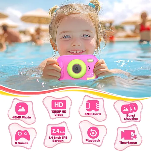 Miniatura 6 de Cámara para niños impermeable, cámara submarina IP68 para niños de 3 a 12 años, cámara digital HD para niños con grabación de video de 1080P, Rosa