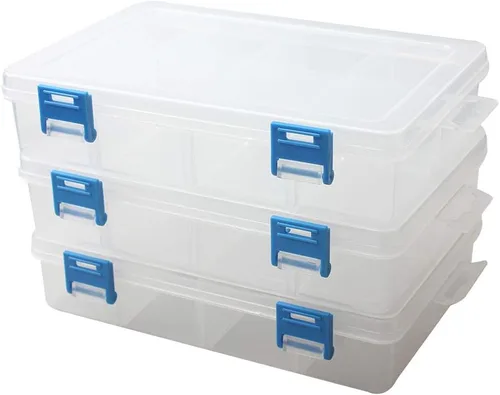 Paquete de 3 cajas de almacenamiento de piezas de plástico y caja divisora ajustable para hardware y manualidades, 8 rejillas, transparente
