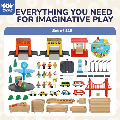 Miniatura 6 de TOY Life Juego de Tren de Madera para Niños Pequeños de 2-4 Años, 119 Piezas Juguetes de Tren de Ciudad con Vías de Tren de Madera, Juego de Tren