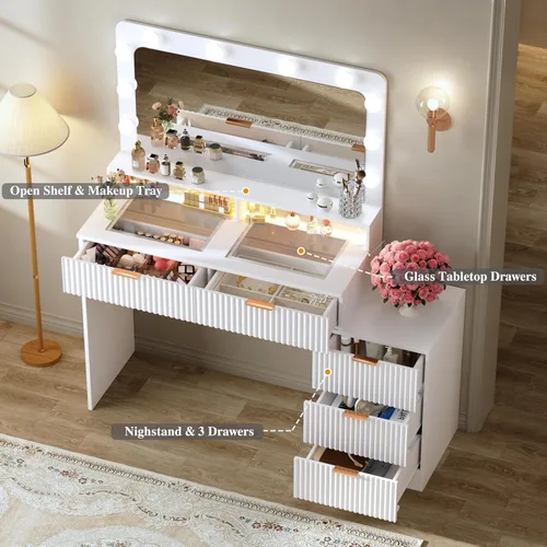 Miniatura 7 de HUAHUU Escritorio de tocador acanalado con espejo y luces, escritorio de maquillaje con parte superior de cristal, mesita de noche y diseño de panel