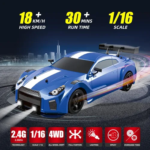 Miniatura 2 de Coche RC Drift de 2.4 GHz, escala 1:16, 4WD, de alta velocidad, coches de control remoto con luces LED, dos baterías y neumáticos de drift, coches