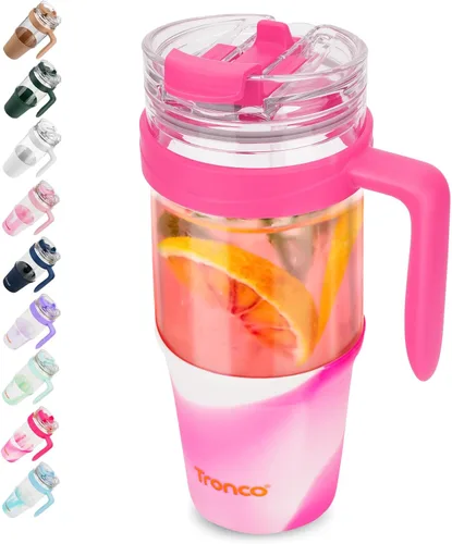 Miniatura 29 de Tronco Vaso de vidrio de 32 onzas con popote y tapa, tapa con popote 2 en 1 a prueba de fugas, botellas de agua de vidrio con asa, apto para Rosa
