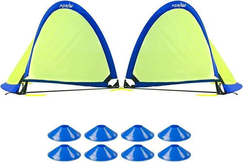 Poray Soccer Goal for Kid Easy-up Set of Two Portable Soccer Net 210D Oxford with 8 Field Marker Cones Extra Stakes Fun for Backyard and Soccer Azul