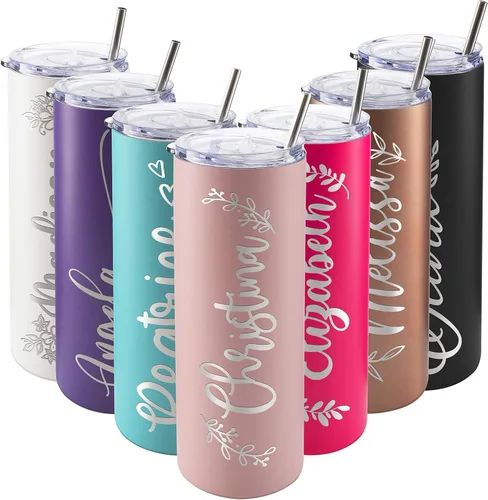 Vasos delgados personalizados con tapa, regalos para ella de 20 onzas, rosa claro, 12 diseños, vaso grabado personalizado con nombre, tazas