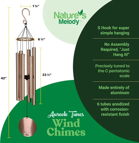 Miniatura 6 de Nature's Melody Aureole Tunes Wind Chimes – Campanilla de viento para exteriores con 6 tubos afinados a escala pentatónica de Do, aluminio 100% Oro