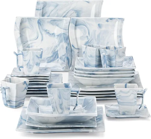 MALACASA - Juegos de vajilla para 6, 30 piezas de platos y tazones de porcelana, juego de vajilla cuadrada con plato para cena y tazón, taza y Azul