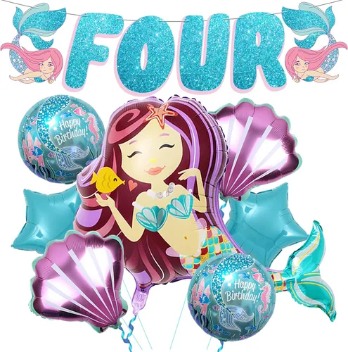 KatchOn Juego de 8 decoraciones de sirena grande para cumpleaños número 4, globos de sirena y cumpleaños para niña de 4 años