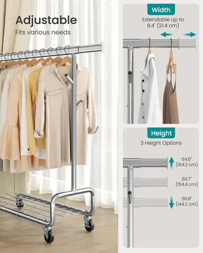 Miniatura 4 de SONGMICS Perchero de Ropa, Perchero de Ropa Rodante de Servicio Pesado con Ruedas, Barra Colgante Extensible y Altura Ajustable, Portátil, con Plata