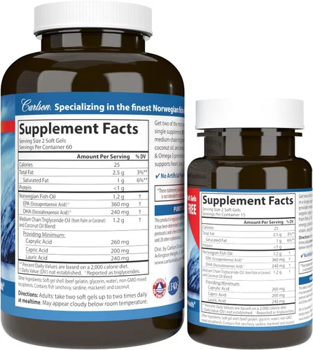 Miniatura 2 de Carlson - MCT y Omega-3, aceite de coco, ácidos caprílicos y cápricos, EPA y DHA, producción de energía, metabolismo de las grasas y salud cerebral