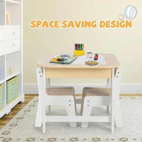 Miniatura 6 de HONEY JOY Juego de mesa y silla para niños, mesa de actividades de madera 3 en 1 y 2 sillas para manualidades artísticas, pizarra reversible, 3