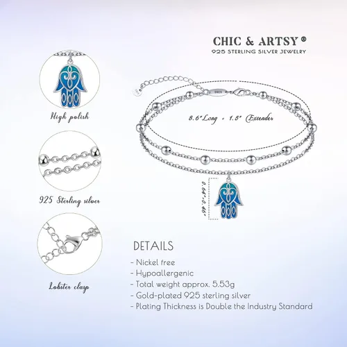 Miniatura 10 de CHIC & ARTSY Tobilleras delicadas de plata de ley S925 para verano, pulsera de tobillo ajustable multicapa para playa, joyería de pie para mujer