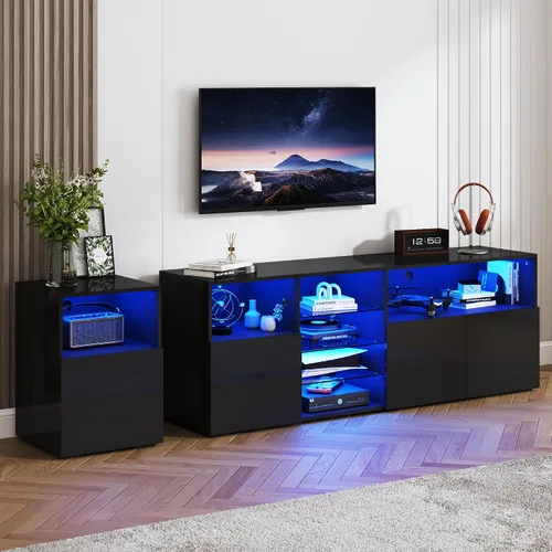 Miniatura 7 de Hlivelood Soporte de TV LED para TV de 85 pulgadas, Soporte de TV moderno con toma de corriente, Centro de entretenimiento con consola de TV moderna