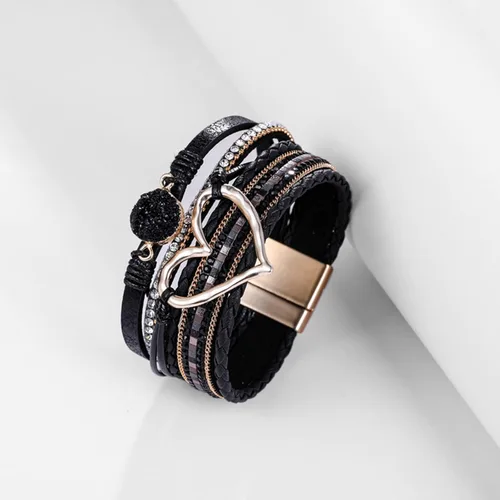 Miniatura 5 de Long tiantian Pulsera de cuero multicapa con corazón moderno bohemio con cierre magnético y diamantes de imitación para mujer, Cobre, otro