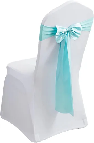 Miniatura 28 de Paquete de 100 bandas de elastano para silla, lazos de satén de color azul para bodas, eventos, banquetes, hoteles, hogar y cocina, 100